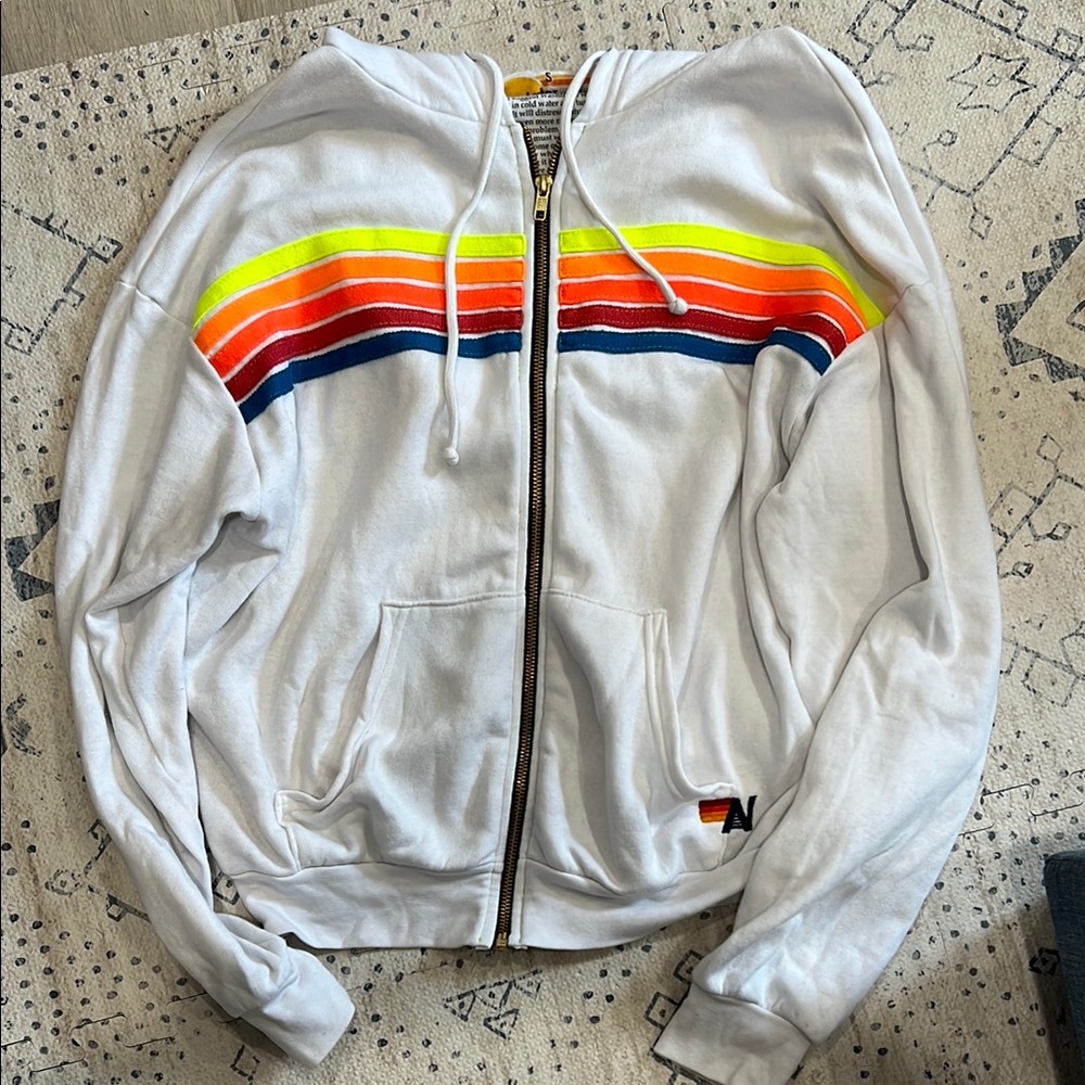 Aviator Nation 5 STRIPE RELAXED ZIP HOODIE - WHITE